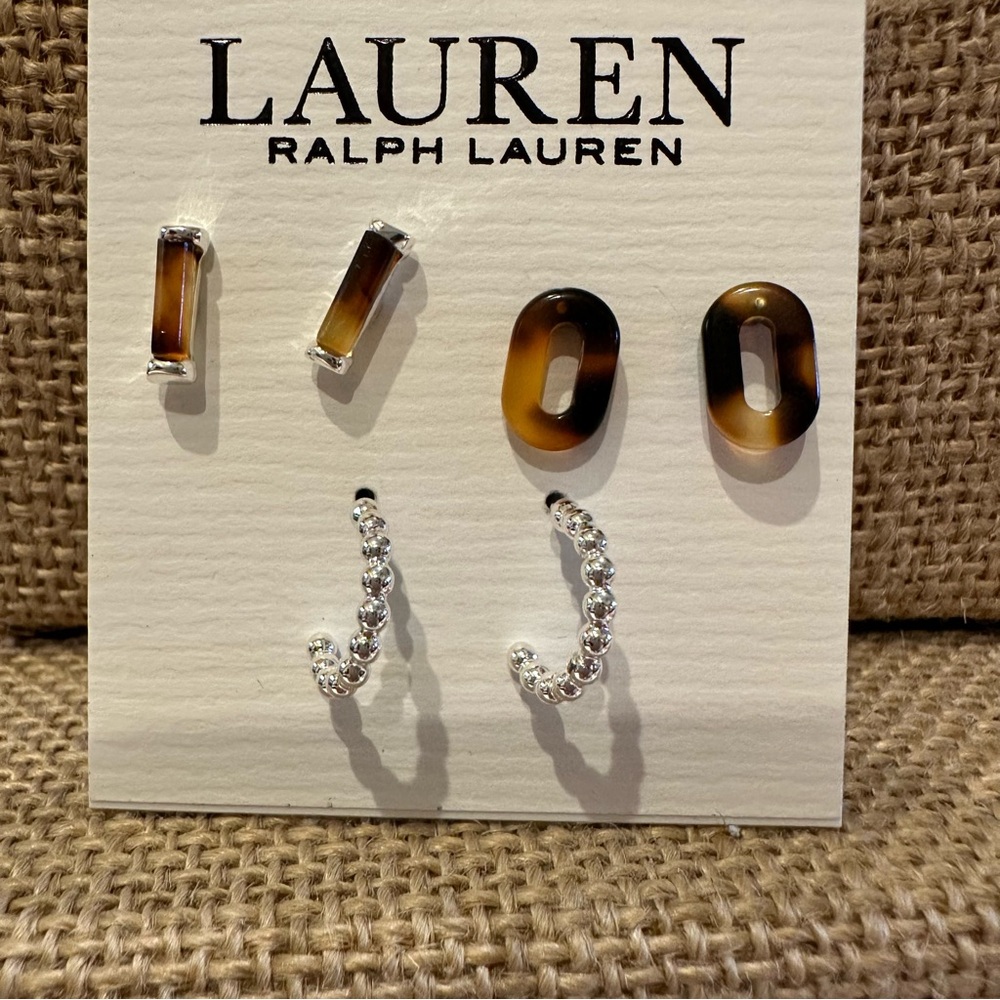 NWT Ralph Lauren Set of 3 Pair Earrings - silver tone & faux tortoise